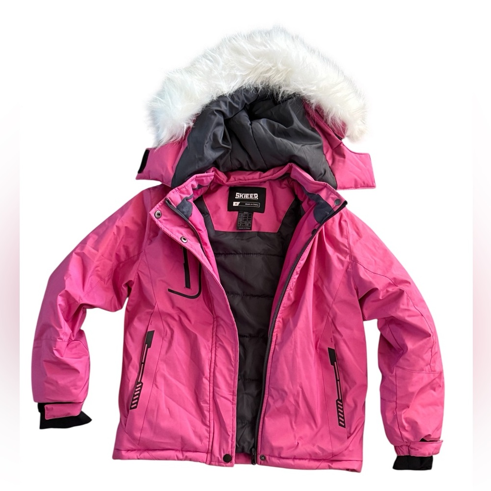 Kids Pink Puffer Jacket with Faux Fur Hood